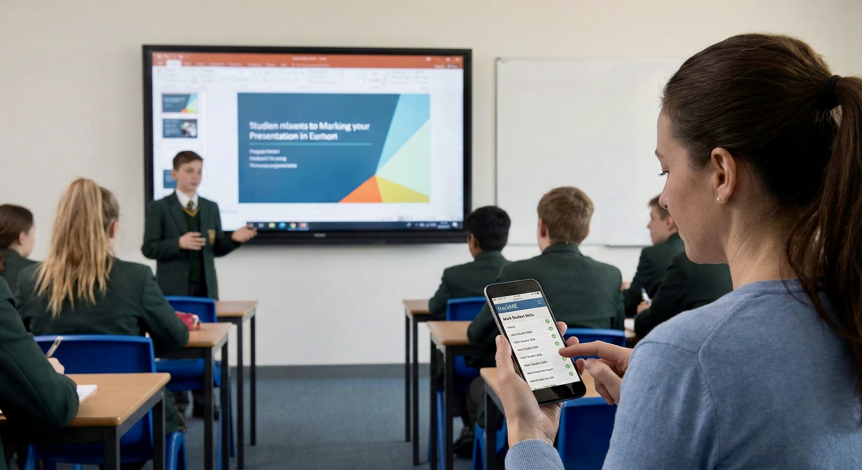 Teacher marking a student presentation on smartphone